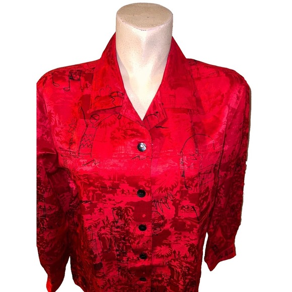 Chico's Red Silk Linen Blend Button Front Shirt Tropical Print Size L (2) Artsy - Picture 2 of 8